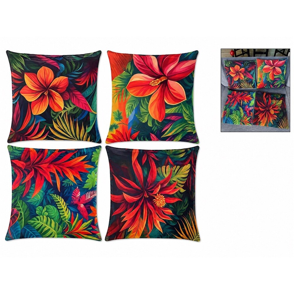 Set 4-Tropical Floral Throw Pillow Cover 18x18 Multicolor Hibiscus Jungle Leaves